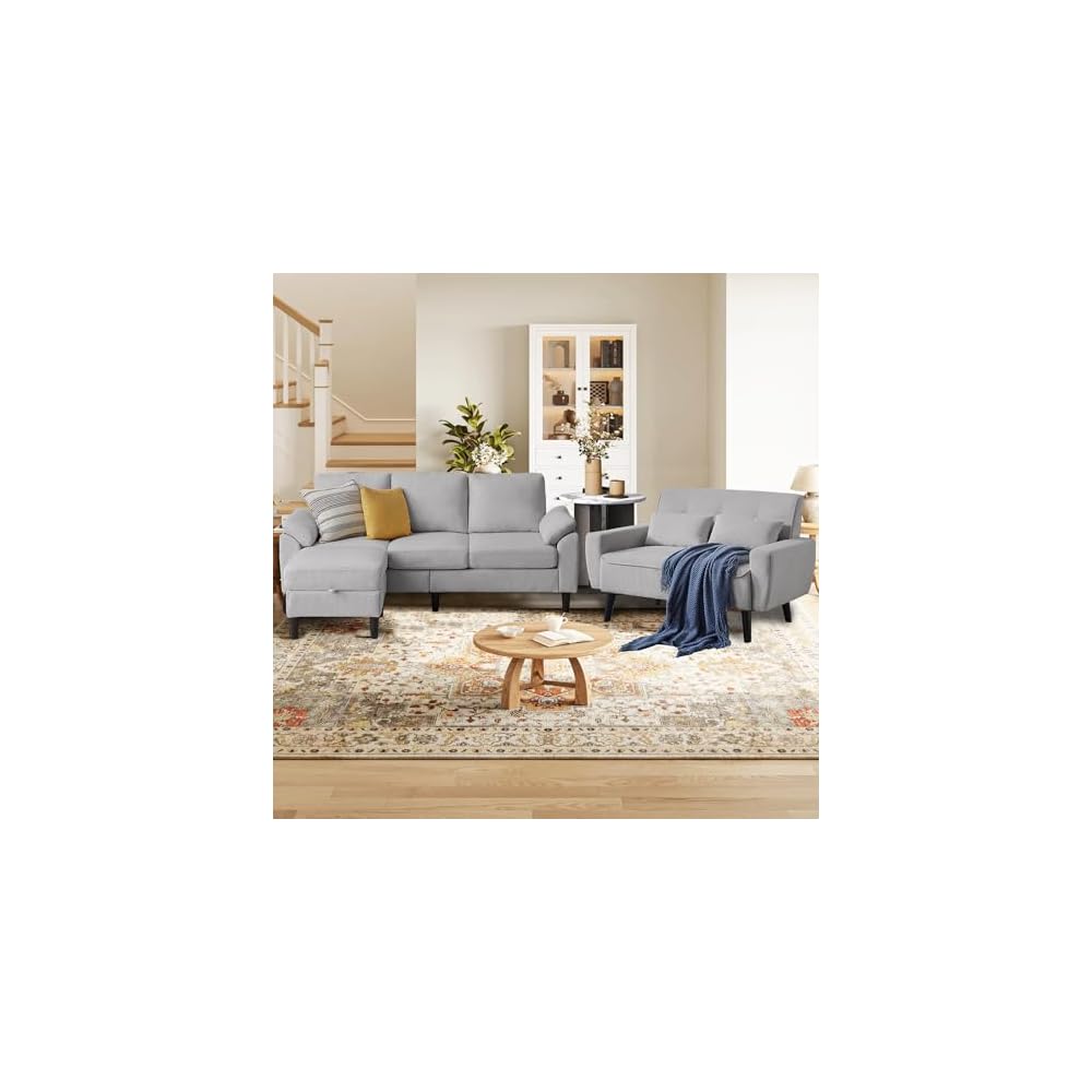 3 PCS Sectional Sofa Set, 3 Seat L-Shaped Couch & Loveseat with Storage Ottoman, Removable Cushions and Covers, Modern Couches for Living Room Furniture, Corduroy Light Grey