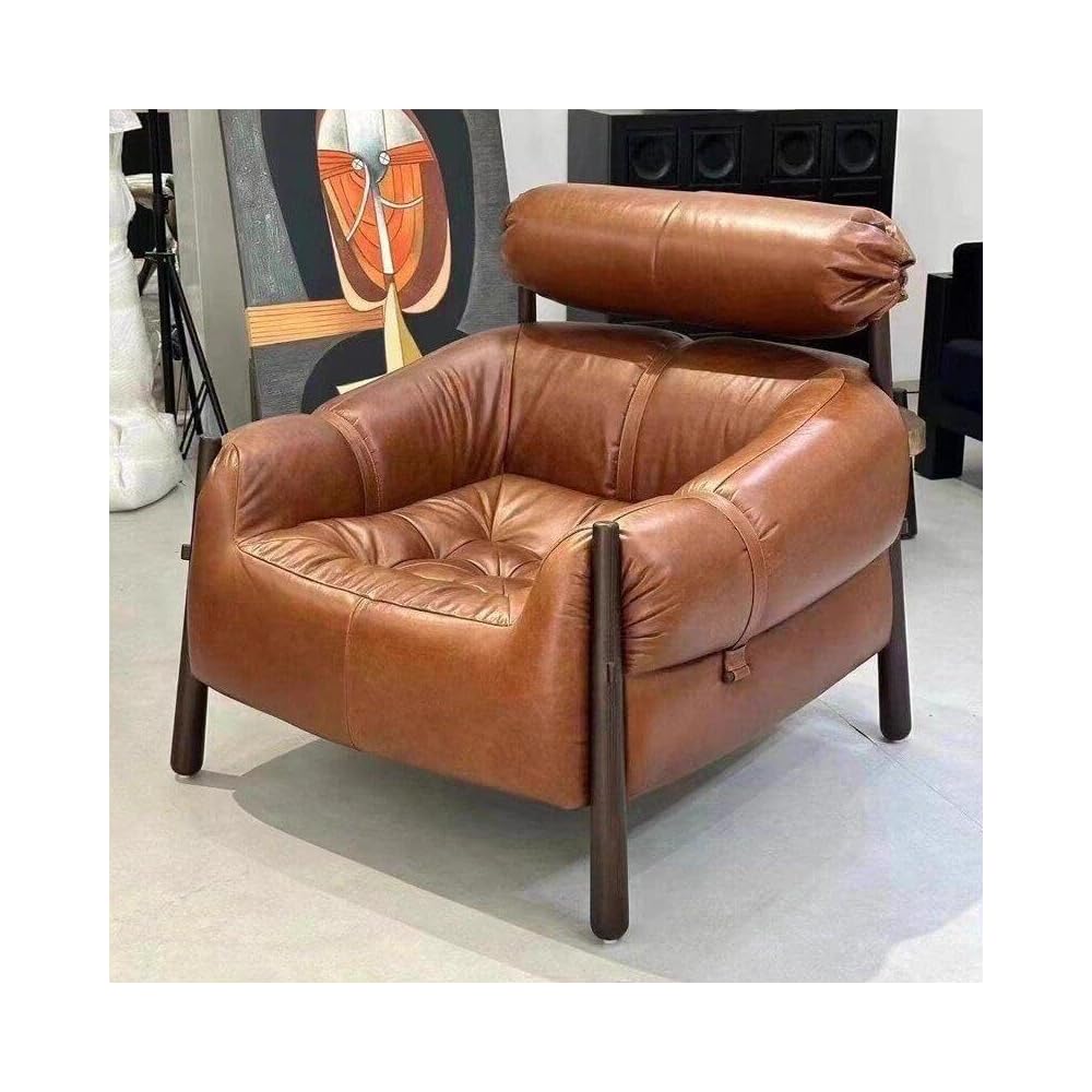 Vintage Leather Accent Lounge Chair with Solid Wood Frame, Mid Century Modern Armchair with Cushioned Backrest, Premium Single Sofa Chair for Living Room, Office & Reading Space (Brown)
