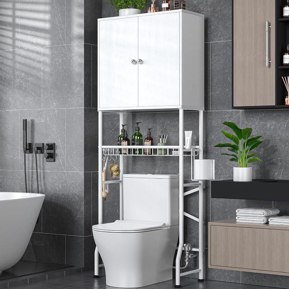 UTEX Over The Toilet Storage Cabinet, White Bathroom Organizer with Doors