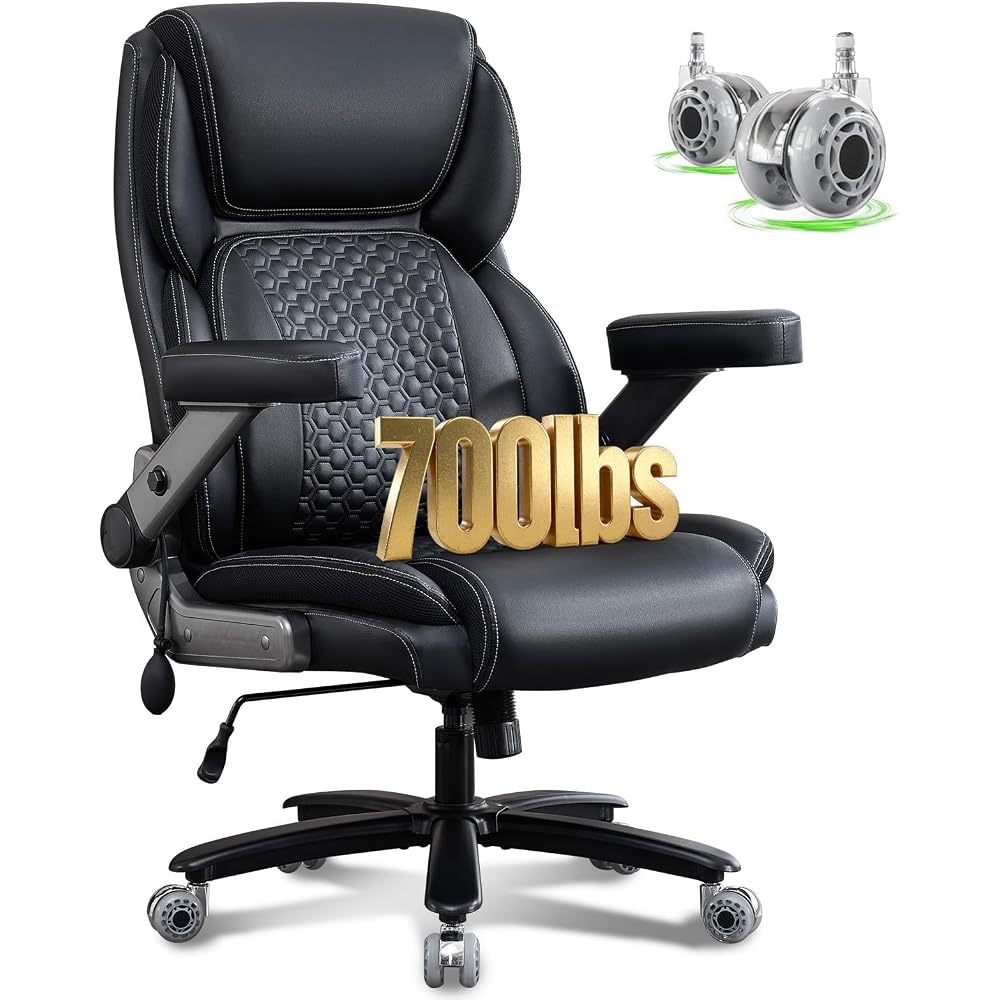 700lbs Big and Tall Office Chair for Heavy People with 5D Flip Armrests Heavy Duty Executive Chair with Adjustable Lumbar Support, Metal Base, Rubber Caster Wheels, Wide Seat for Sitting All Day