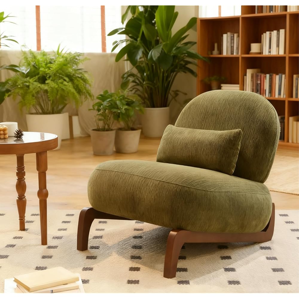 Cute Accent Chair with Solid Wood Legs, Velvet Living Room Chair with Soft Cushion, Cozy Bedroom Chair, Comfy Armless Reading Chair for Apartment, Waiting Room, Balcony (Green)