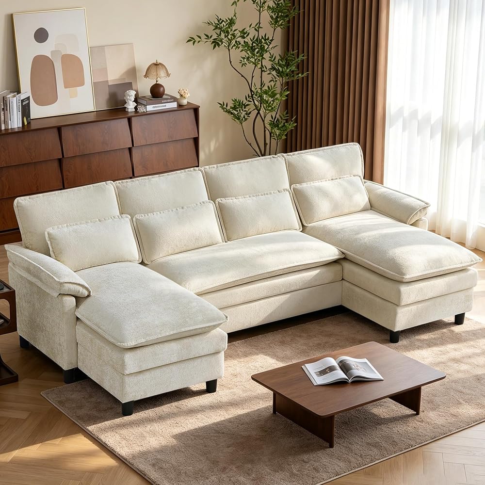104" Cloud Couch Sectional, U Shaped Sectional Sofa, 4-Seat Deep Seat Couch with 4 Pillows for Living Room, Bedroom, Apartment, Beige | Comfy Chenille