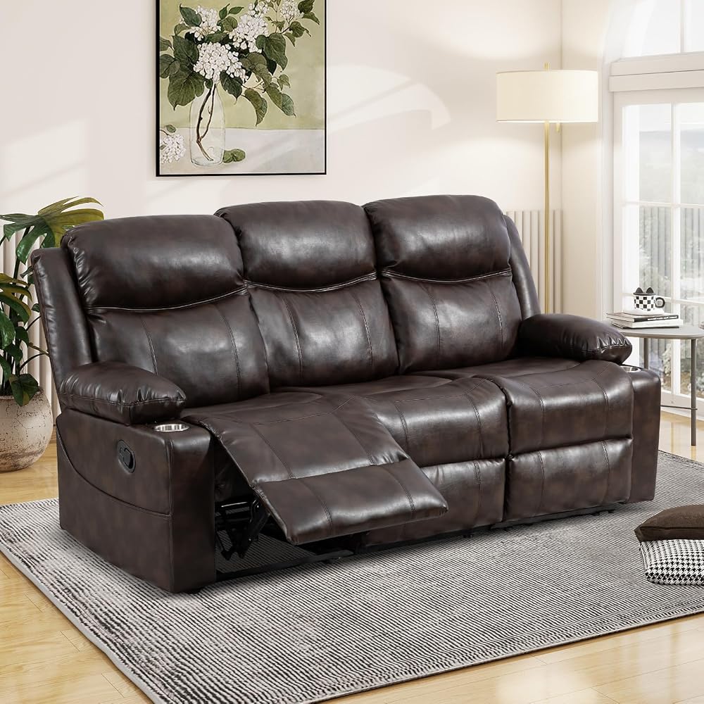 Reclining Sofa - 3 Seater Manual Recliner with Massage and Heat, Cup Holders, Loveseat Recliner Couch for Living Room(Brown)