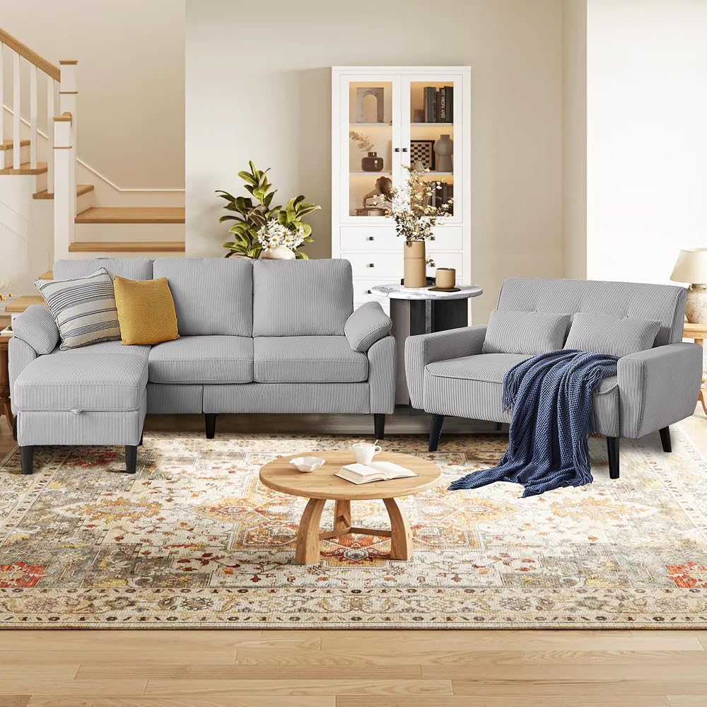 3 PCS Sectional Sofa Set, 3 Seat L-Shaped Couch & Loveseat with Storage Ottoman, Removable Cushions and Covers, Modern Couches for Living Room Furniture, Corduroy Light Grey