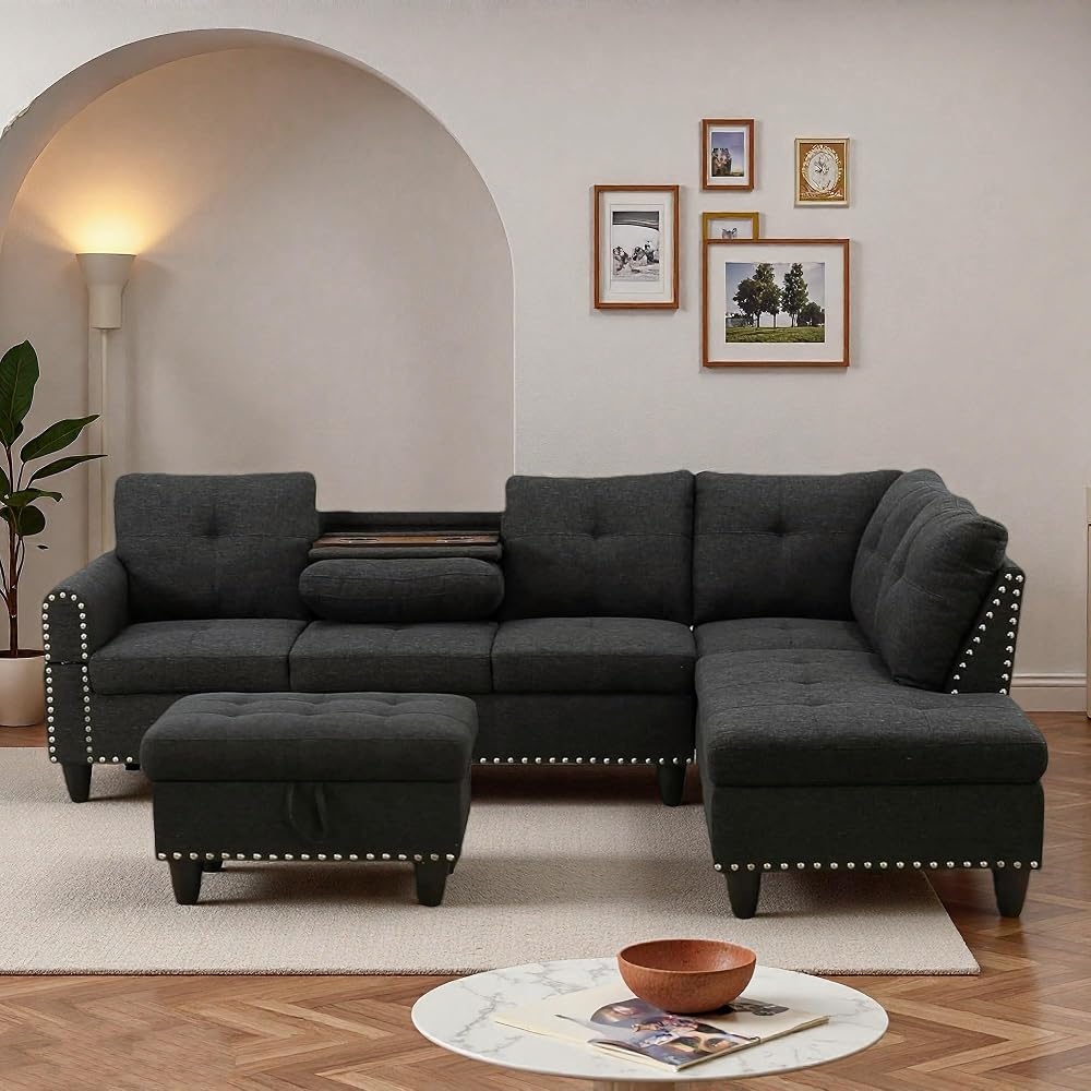 L-Shaped Sectional Sofa with Movable Chaise & Storage Ottoman, Lounge 3-Piece Modular Convertible Couches for Living Room, Apartment & Office, Black Grey
