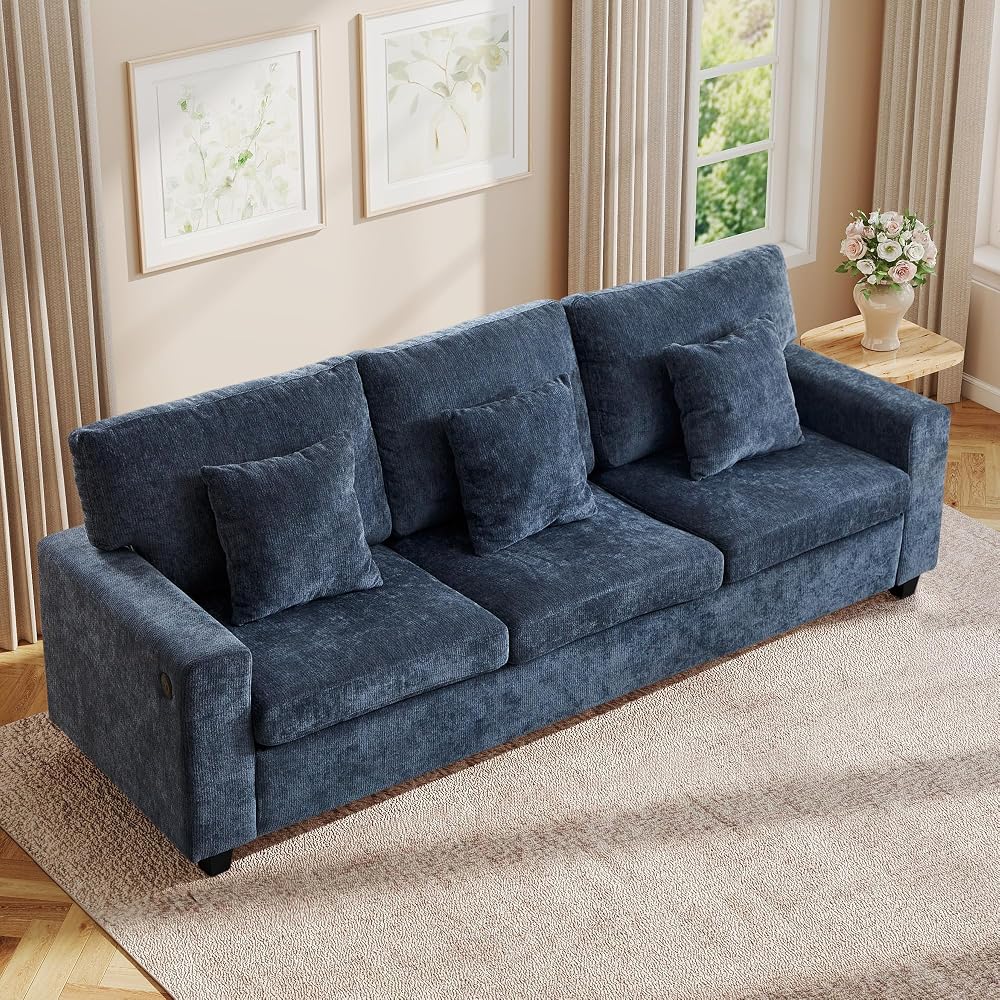Modern 3 Seater Sofa, 94 Inch Chenille Couch with Charging Ports, Deep Seat Comfy Sofa for Living Room, Bedroom, Blue